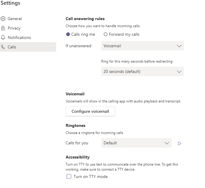 Microsoft Teams Calling Settings