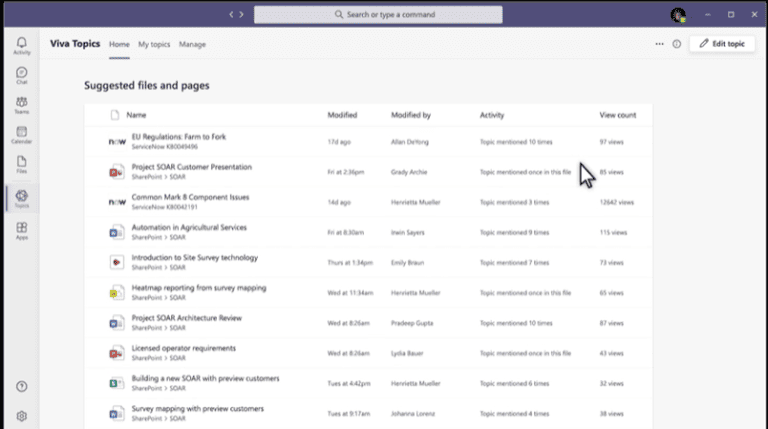 Viva topic page with suggested files