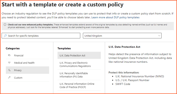 Screenshot of Microsoft’s data loss prevention policy templates using grouped sensitive information types, specifically UK Data Protection Act